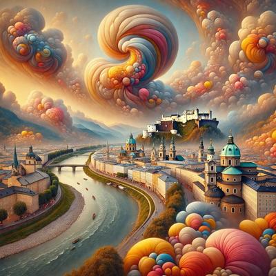 Primary subject: A painting of a city with a river, mountains, and a castle.

Setting/background: The painting features a city with a river, mountains, and a castle. The city is filled with colorful buildings and balloons, creating a vibrant and lively atmosphere.

Visual style: The painting is a digital artwork, showcasing a creative and imaginative representation of the city and its surroundings.

Colors and mood: The painting is predominantly color
